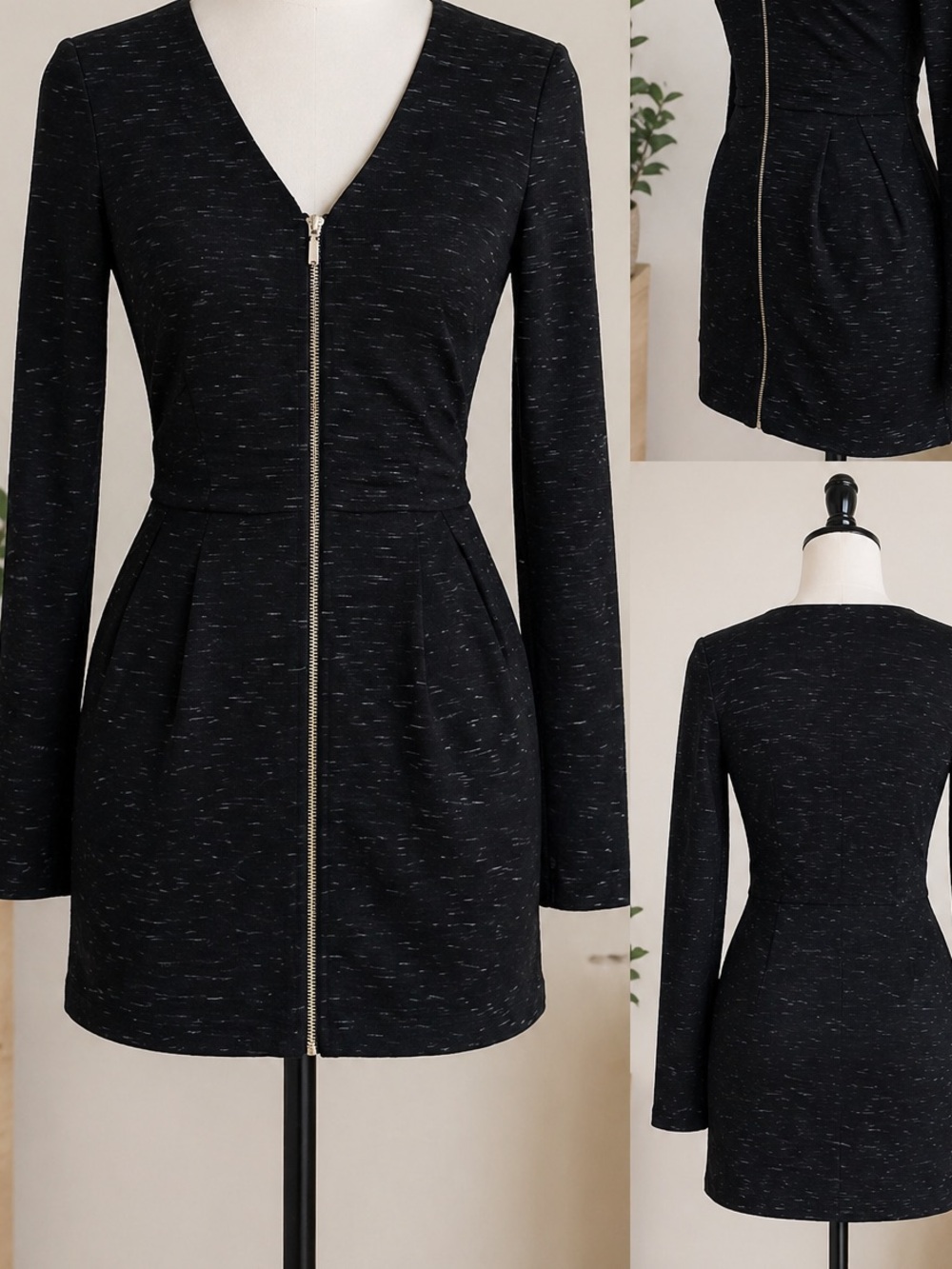 Dynamite Black V-Neck Long Sleeve Zip Front Dress